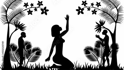 Silhouette of a woman kneeling with raised arm in a tropical landscape with two figures and flowers |eps vectors