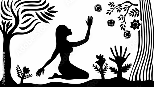 Silhouette of woman reaching towards flowers beneath a tree with striped trunk and leafy branches |eps vectors