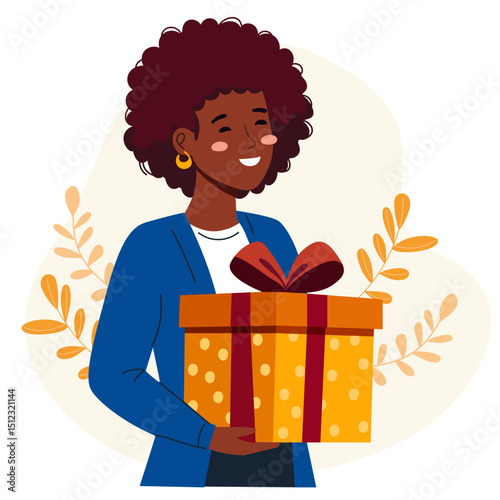 Smiling african american woman holding a festive gift box present. Expressing happiness and generosity concept for holiday celebration.