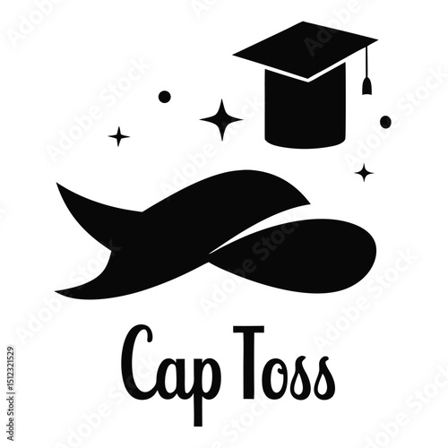 Graduation greeting lettering sign with square academic caps high into the air. Vector design for grad, congratulation ceremony, invitation card, banner. Grads symbol for university, high school 