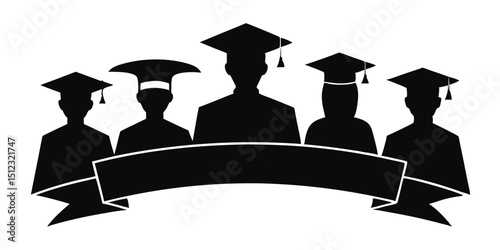 Graduation greeting lettering sign with square academic caps high into the air. Vector design for grad, congratulation ceremony, invitation card, banner. Grads symbol for university, high school 