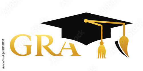 Graduation greeting lettering sign with square academic caps high into the air. Vector design for grad, congratulation ceremony, invitation card, banner. Grads symbol for university, high school 