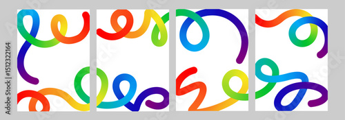 Color blend vector curved line set. Colour splash fluid shape doodle element. Gradient flow brush, squiggly scribble, happy birthday party direction sign. Bright stroke carnival confetti spiral swirl.