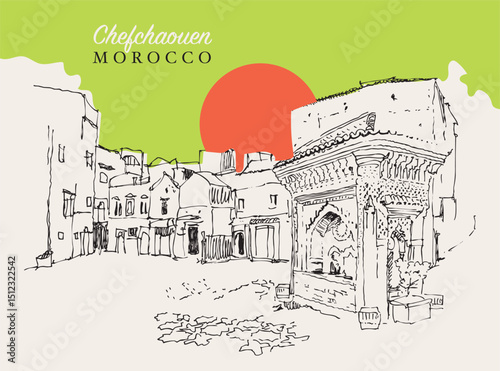 Drawing sketch illustration of Chefchaouen or Chaouen in Morocco