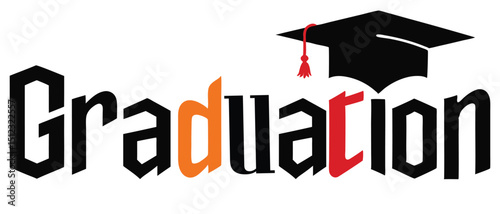 Graduation greeting lettering sign with square academic caps high into the air. Vector design for grad, congratulation ceremony, invitation card, banner. Grads symbol for university, high school 