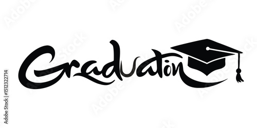 Graduation greeting lettering sign with square academic caps high into the air. Vector design for grad, congratulation ceremony, invitation card, banner. Grads symbol for university, high school 