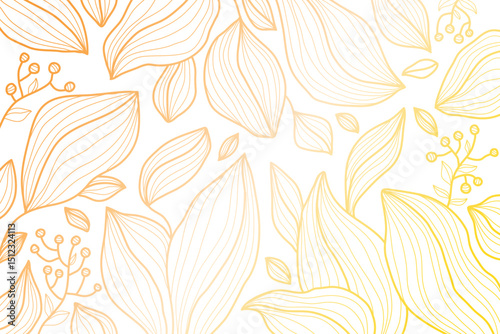 Vector leaf pattern, gold line art background. Art deco plant texture, elegant japanese graphic. Organic exotic drawing, boho flora garden illustration.
