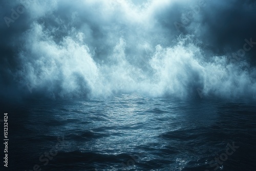 Mysterious ocean scene with fog hovering over dark waters at dawn providing an eerie yet captivating atmosphere