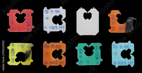 Isolated bread clip collection with text and expiration date