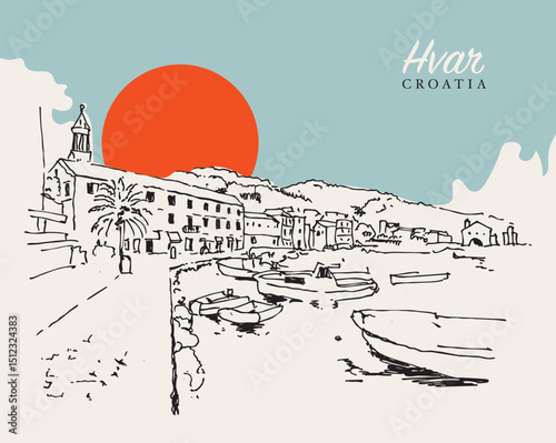 Drawing sketch illustration of Hvar, a island resort town in Croatia