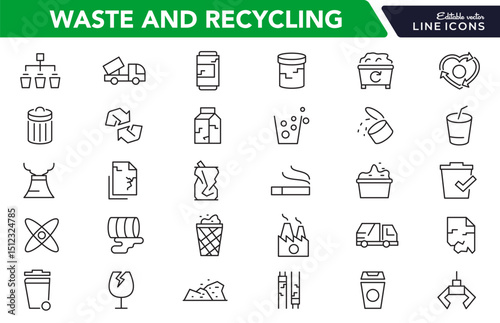 Waste and Recycling line icon set. Eco, save, reduce, reuse, plastic, glass, pollution, dump, refuse, bin, sweep, garbage disposal. trash separation line icon set. Ui thin line icon pack.