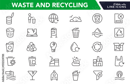 Waste and Recycling line icon set. Eco, save, reduce, reuse, plastic, glass, pollution, dump, refuse, bin, sweep, garbage disposal. trash separation line icon set. Ui thin line icon pack.