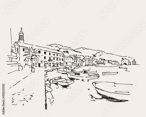 Drawing sketch illustration of Hvar, a island resort town in Croatia
