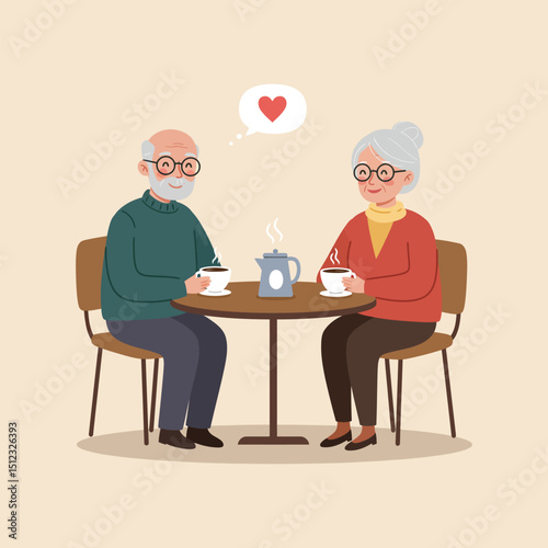 "Cute Elderly Couple Drinking Coffee Together – Senior Love and Retirement Lifestyle Illustration"