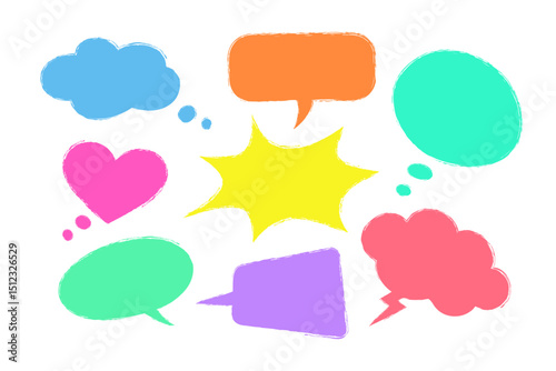 Vivid neon speech bubbles, with effect of pencil sketch. For social media, ads, infographics, web