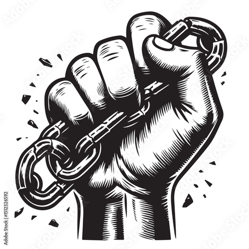 Powerfull hand breaks steel chains as a symbol of freedom vector illustration