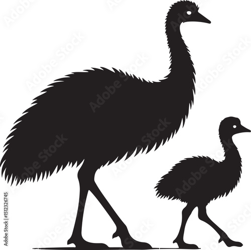 Emu and Chick Silhouette Walking Together on White Background