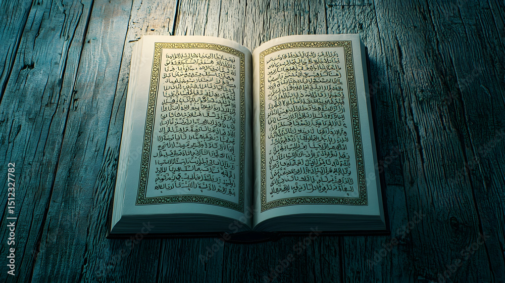 Fototapeta premium Open Book On Wooden Table With Warm Light