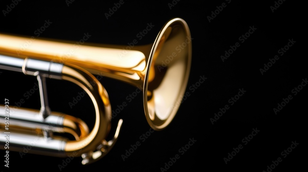 Obraz premium A shiny gold trumpet against a black background.