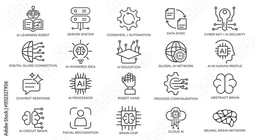 A collection of line icons depicting various aspects of artificial intelligence, including robots, brains, networks, and cloud computing systems.