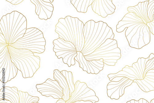 Vector leaf pattern, gold line art background. Art deco plant texture, elegant japanese graphic.
