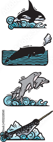 Woodcut illustration of a killer whale, a sperm whale, dolphins, and a narwhal.
