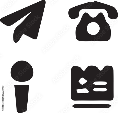 Communication Icons Set: A set of four simple yet effective communication icons, including a paper plane, telephone, microphone, and notepad. Perfect for websites, apps.