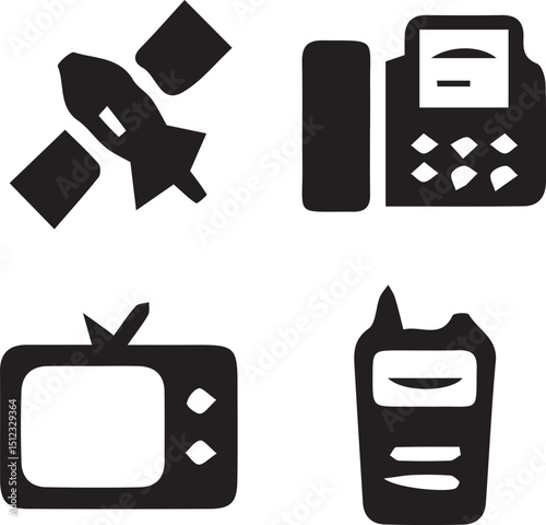 Communication Technology Icons: A set of four simple, bold black icons depicting classic communication devices – satellite, fax machine, television, and pager – against a white background.