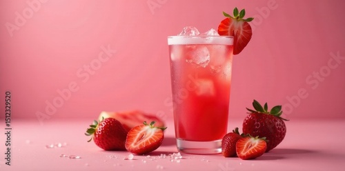 Iced watermelon & strawberry refresher, vibrant pink hues, closeup, cool, fresh