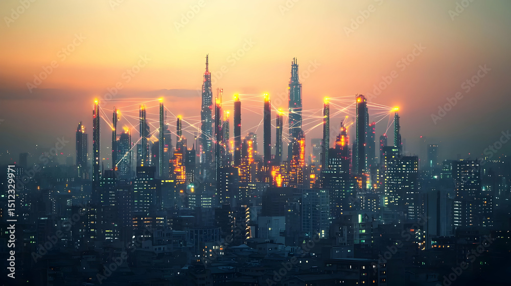 Naklejka premium Futuristic City Skyline At Sunset With Glowing Connections