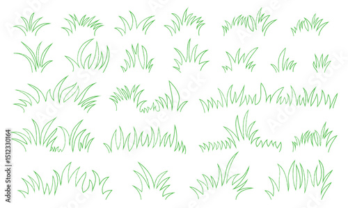 Vector grass brush set with hand-drawn sketch style in pastel and chalk texture, isolated green grass elements for natural backgrounds, spring designs, eco layouts, and decor