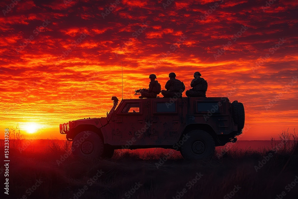 Fototapeta premium Soldiers observing sunset from military vehicle in dramatic sky at dusk