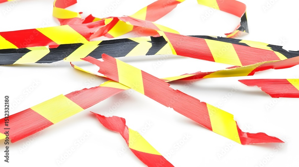 Fototapeta premium Torn Red Yellow Black Striped Caution Tape Closeup