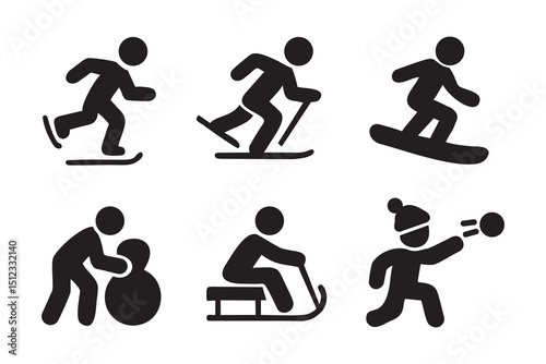 Winter Sport and Snow Activity Icon Set in Black Silhouette Style Isolated on White Background