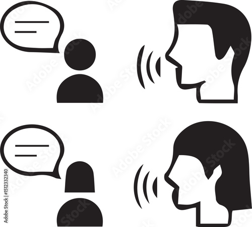 Dialogue Icons: Minimalist vector illustrations showcase the essence of conversation, dialogue, and communication, featuring speech bubbles and speaker profiles.