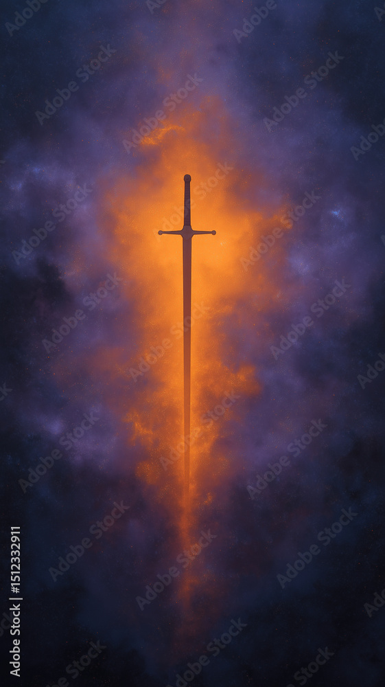 Naklejka premium Glowing sword silhouette surrounded by cosmic orange and blue mist