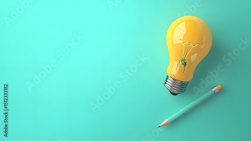 Brilliant Idea Light Bulb and Pencil on Teal Background