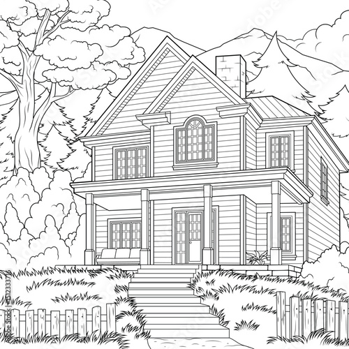 Vector illustration, cozy house in the mountains