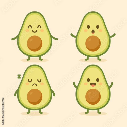 Avocado characters with four expressions suitable for social media, food blogs, and healthrelated designs, bringing smiles and a fun touch.