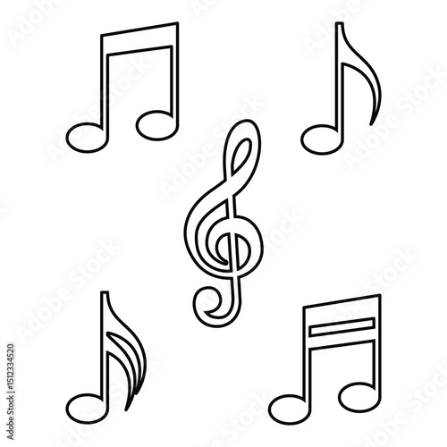 Outline Music Notes Vector Set, Treble Clef and Musical Symbols in Line Art Style.