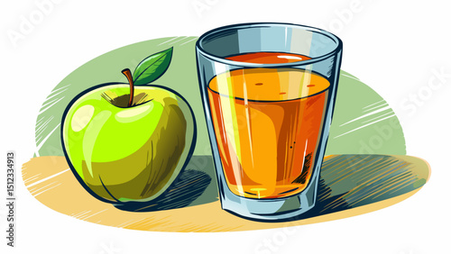 a glass of apple juice with a slight yellow tint a clear, empty shot glass on a transparent background