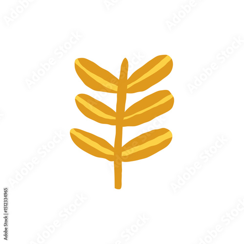 Hand drawn vector illustration of a stylized yellow leaf branch with elongated leaves and a simple stem. Suitable for nature-themed designs.