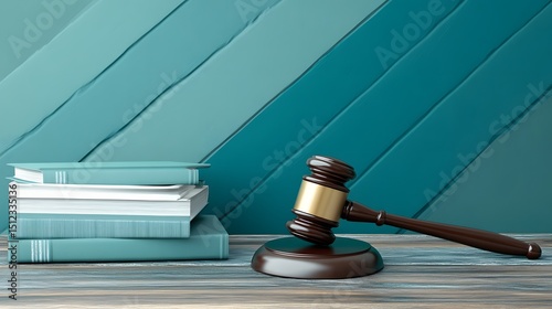 Gavel and Law Books on Wooden Desk Teal Background Legal Justice Concept