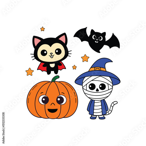 Adorable Halloween Cartoon Characters Pumpkin, Cat, Bat, Mummy