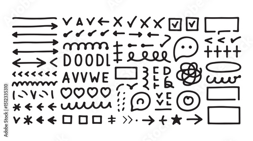 Hand-Drawn Scribble Doodle Design Elements Vector Set - Includes Arrows, Checkmarks, Underlines, Stars, Speech Bubbles, and Organic Shapes. Perfect for bullet points, annotations