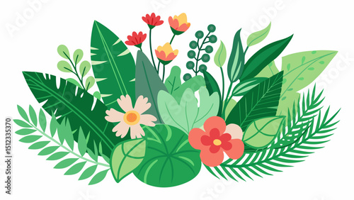 Illustration of tropical flowers and leaves design  vector, silhouette, illustration, horizontal, isolated assets, on transparent background