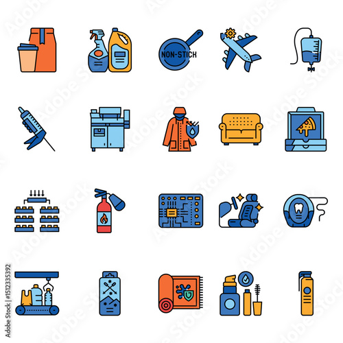 PFAS products color line icons set for digital and print projects.PFAS product
