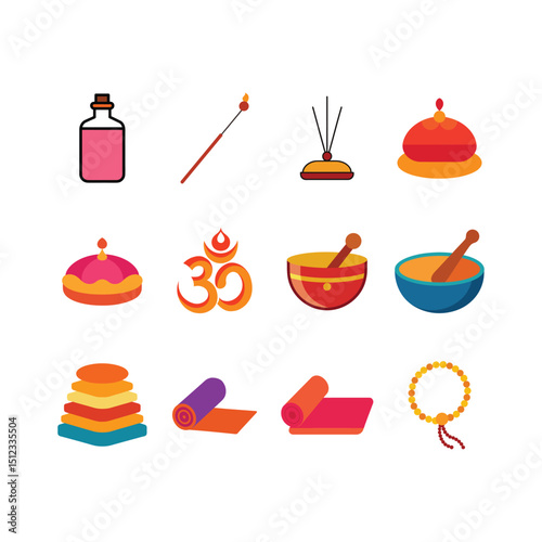 Vibrant Yoga and Meditation Icons Spiritual Symbols, Tools, and Practices