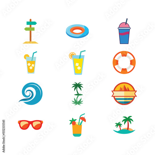 Summer Vacation Icons Beach, Drinks, and Relaxation