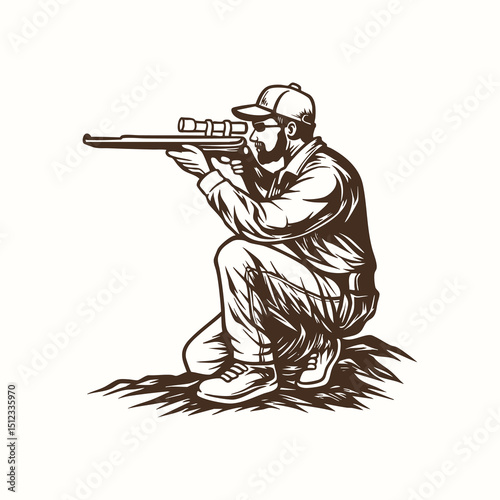 Vintage Hunter Aiming Illustration, Rifleman Drawing, Hunting Scene, Outdoor Marksman Vector Art